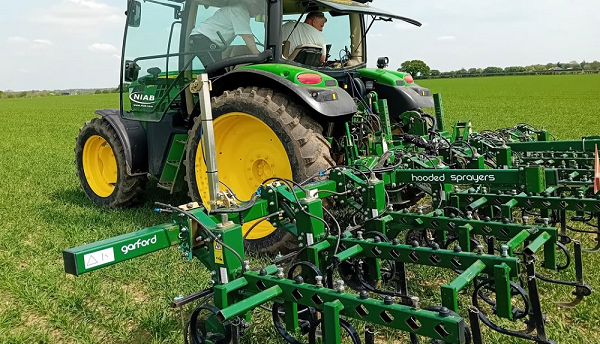 An inter-row hoe under test in a spring barley crop